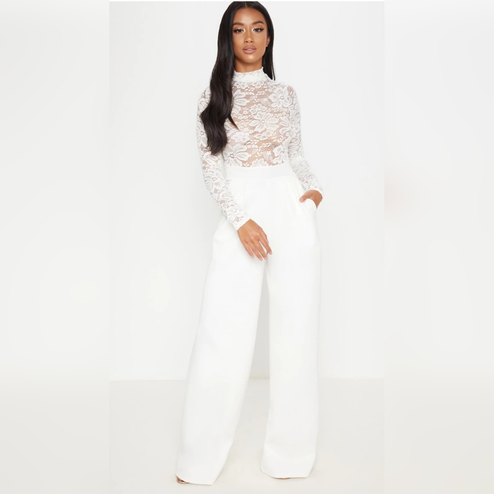 PrettyLittleThing White Lace Wide Leg Jumpsuit